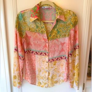 ZARA Multicolor Patchwork Satin Button Down Blouse – Size XS (only worn once!)